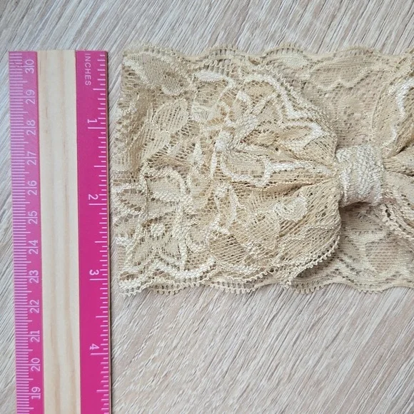 Lace Bowknot Beige Headband Baby Girl Elastic Headwrap Kids Handmade Hairband - Picture 9 of 10
